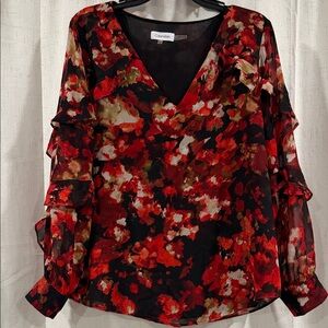 Calvin Klein Red and Black Floral V-Neck Blouse